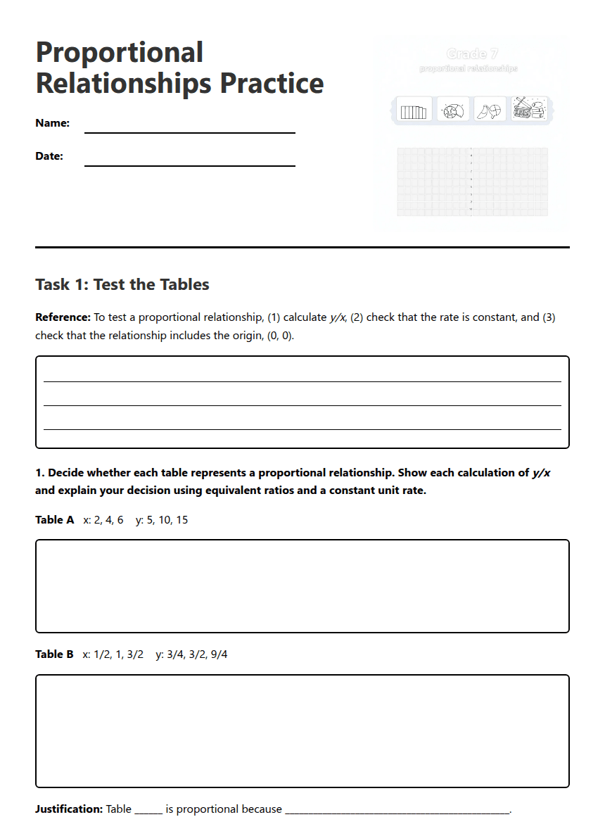 Proportional Relationships Practice worksheet preview