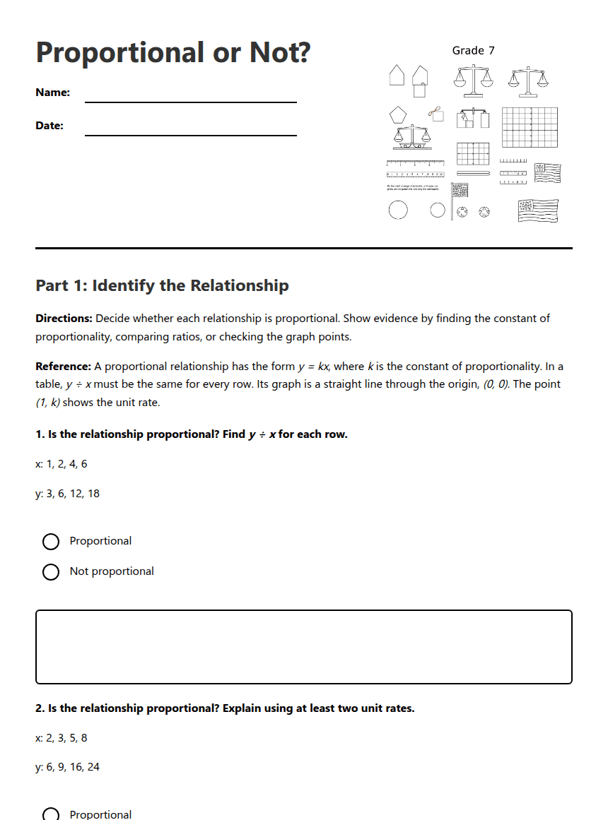 Proportional Relationships Check worksheet preview