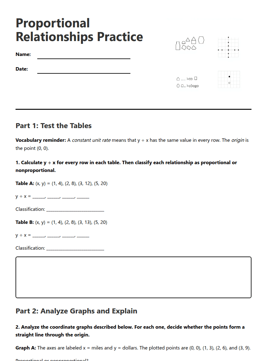 Proportional Relationships Practice worksheet preview