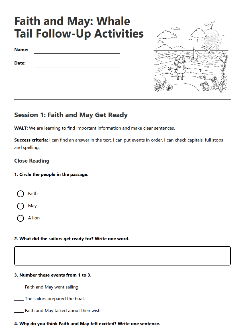 Faith and May Whale Tail Activities worksheet preview