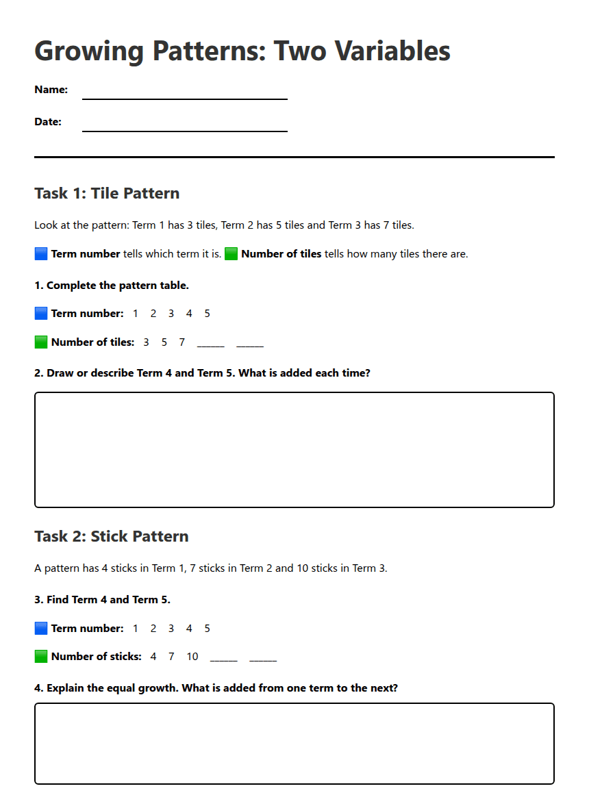 Growing Patterns: Two Variables worksheet preview