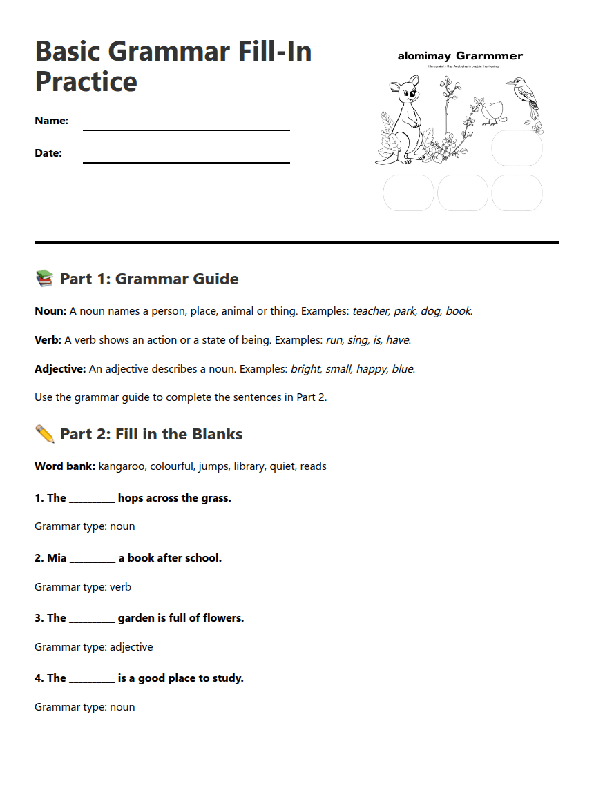 Basic Grammar Fill-In Practice worksheet preview