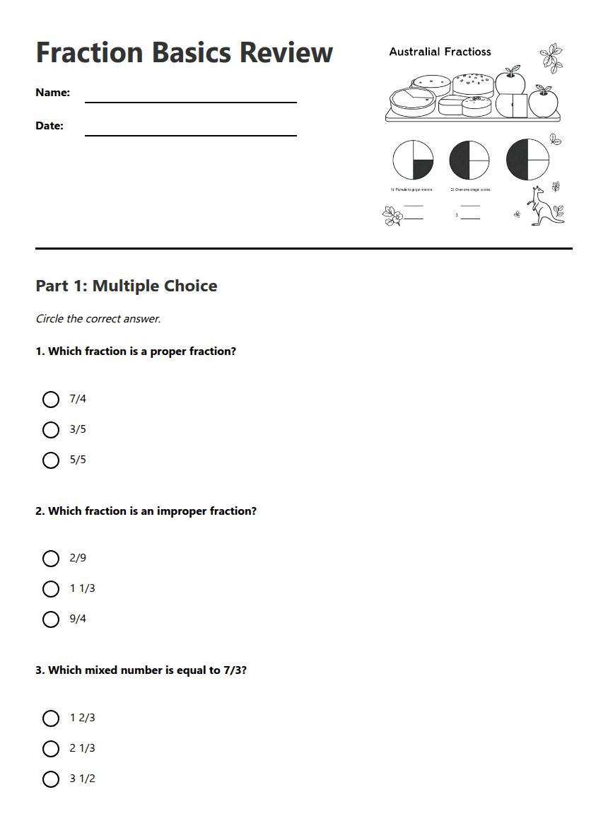 Fraction Basics Review worksheet preview
