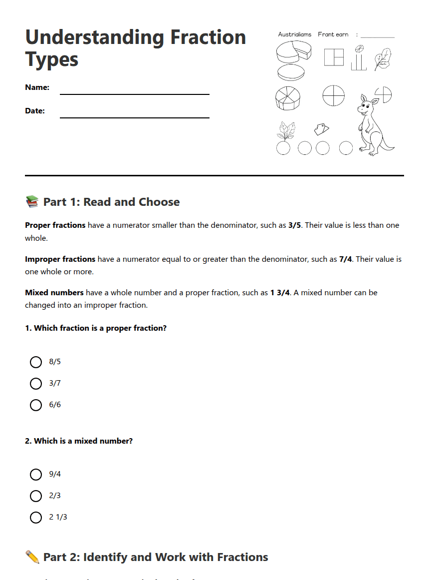 Understanding Fraction Types worksheet preview