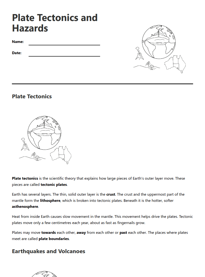 Plate Tectonics and Hazards worksheet preview