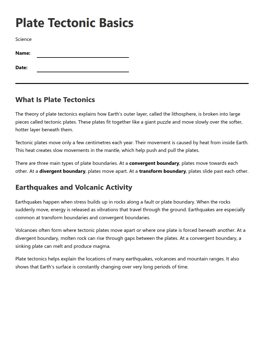 Plate Tectonic Basics worksheet preview