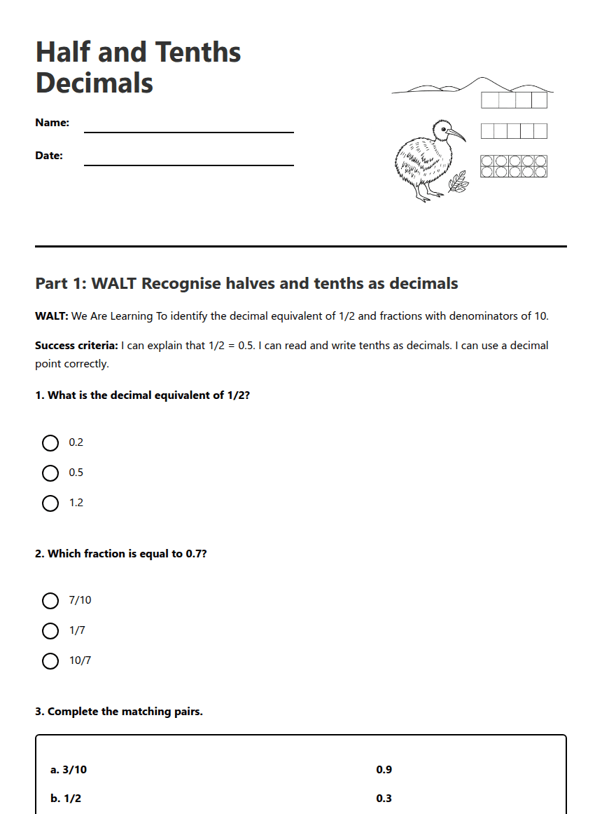 Half and Tenths Decimals worksheet preview