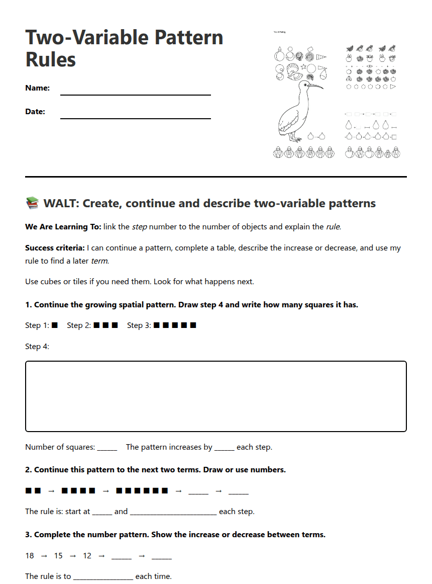 Two-Variable Pattern Rules worksheet preview