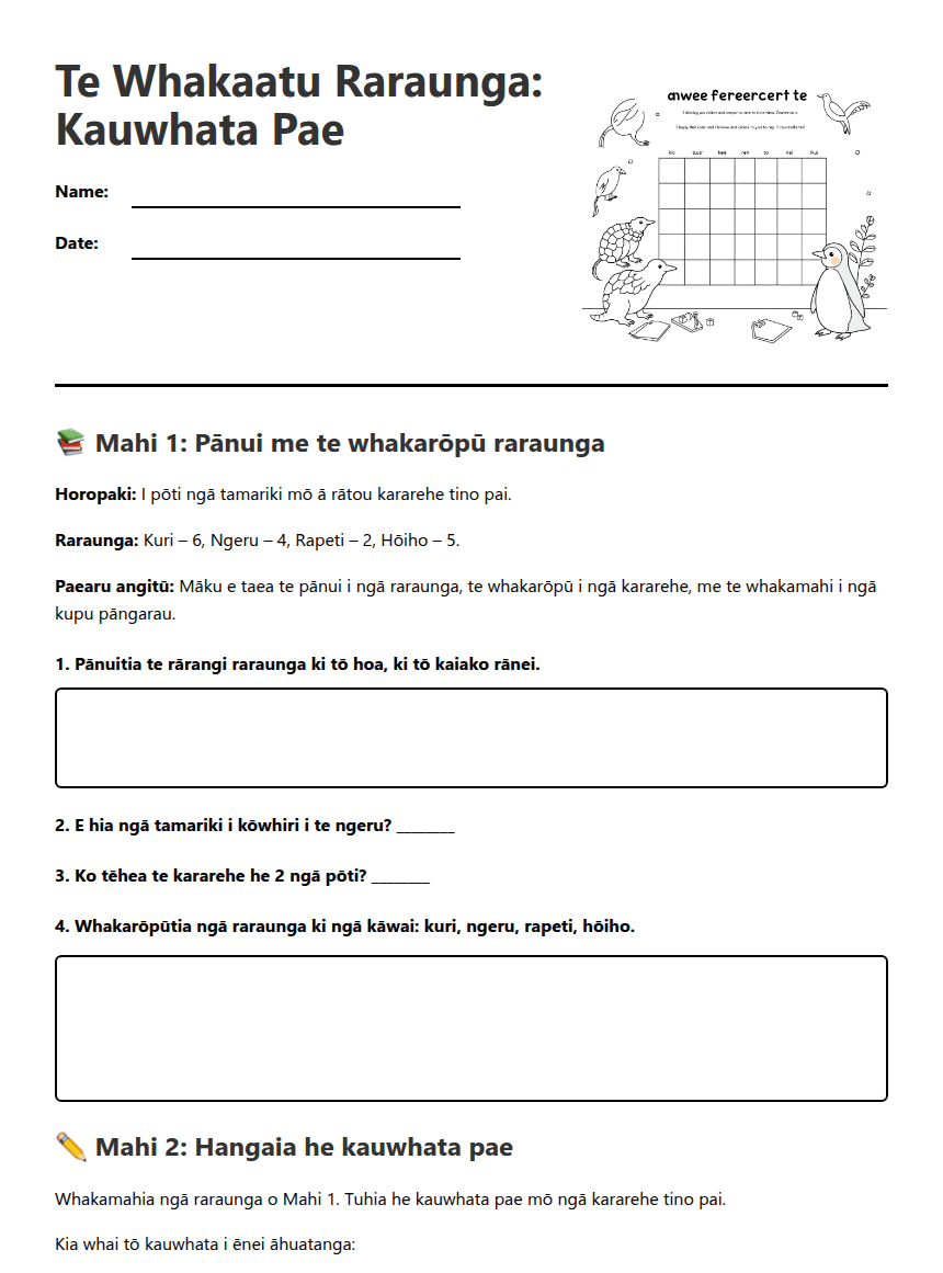 Te Whakaatu Raraunga: Kauwhata Pae worksheet preview