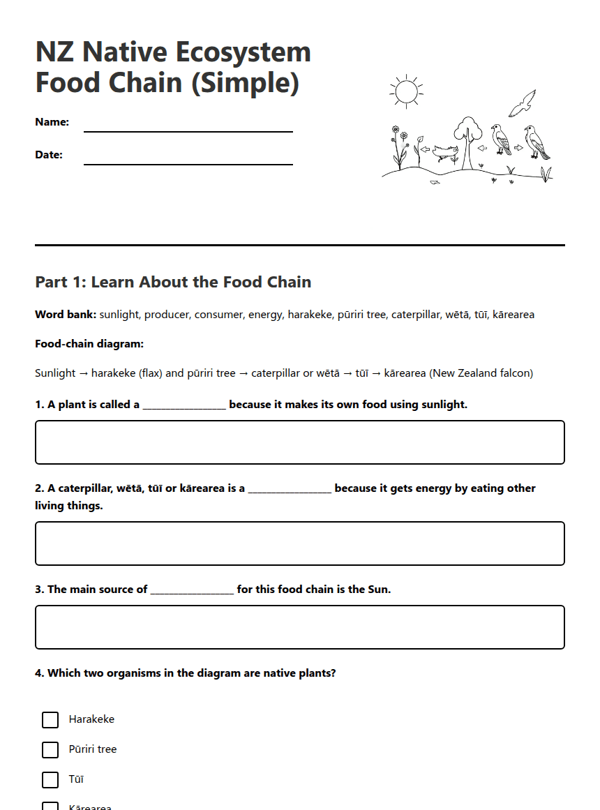 NZ Native Food Chain Worksheet worksheet preview