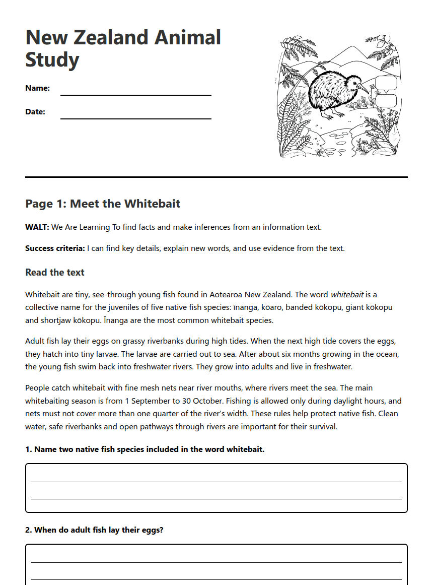 New Zealand Animal Study worksheet preview