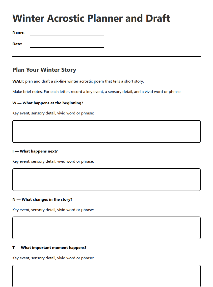 Winter Acrostic Planner and Draft worksheet preview