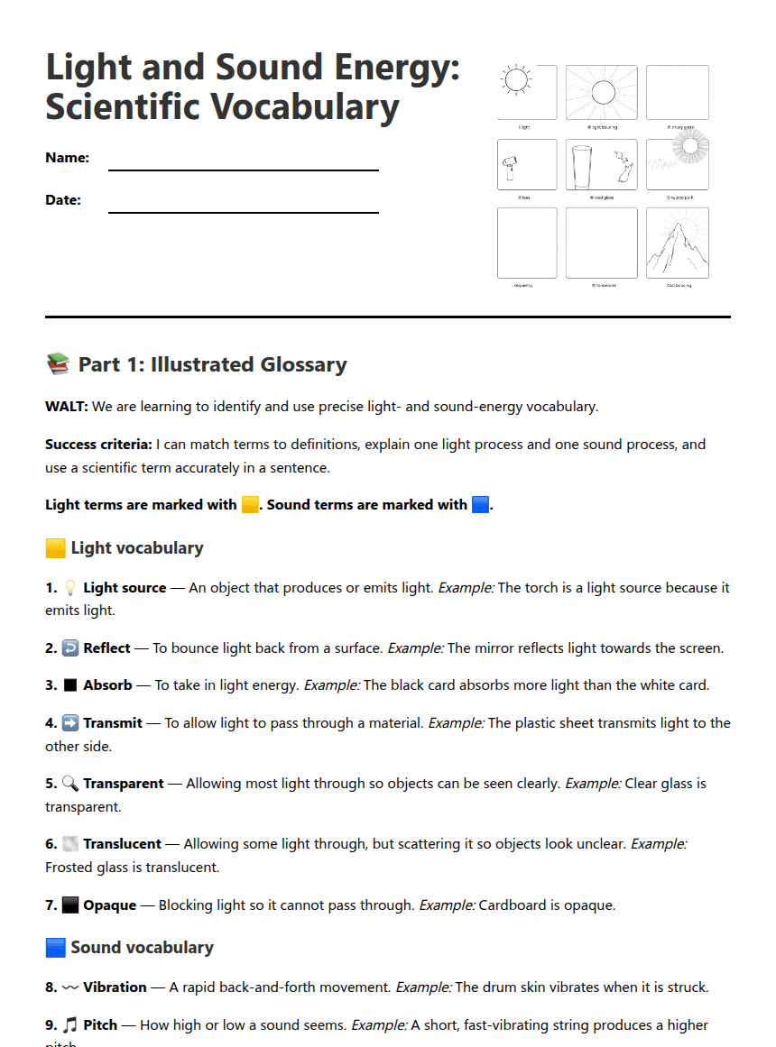 Light and Sound Vocabulary worksheet preview