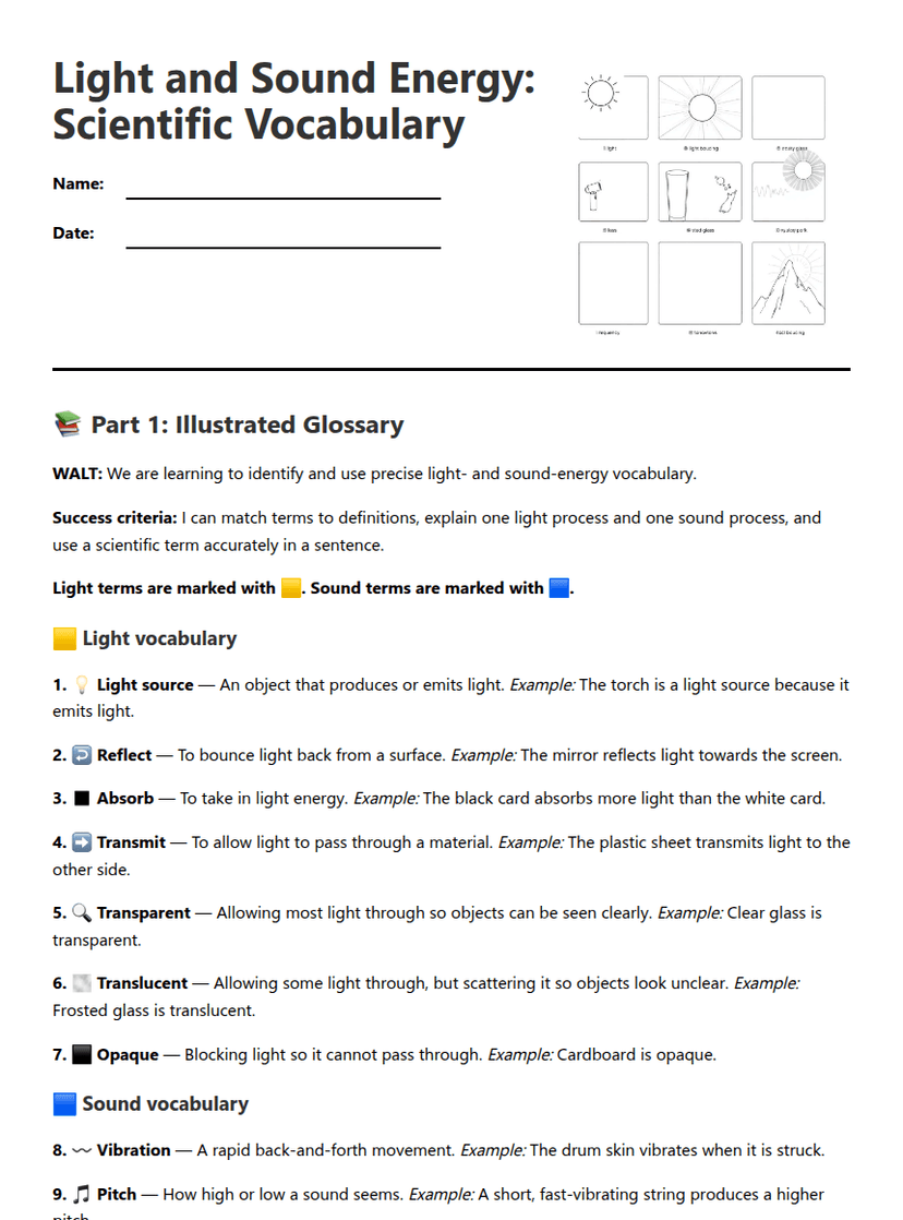 Light and Sound Vocabulary