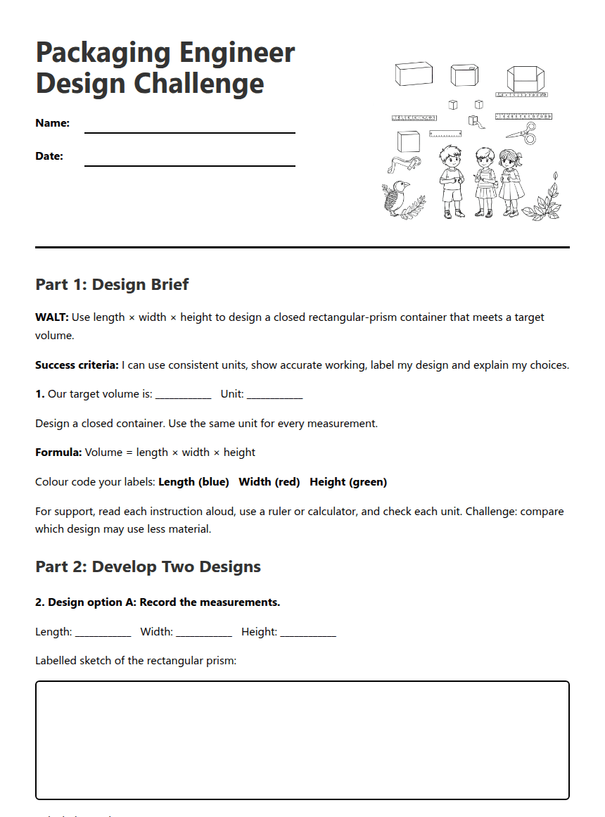 Packaging Engineer Design Challenge worksheet preview