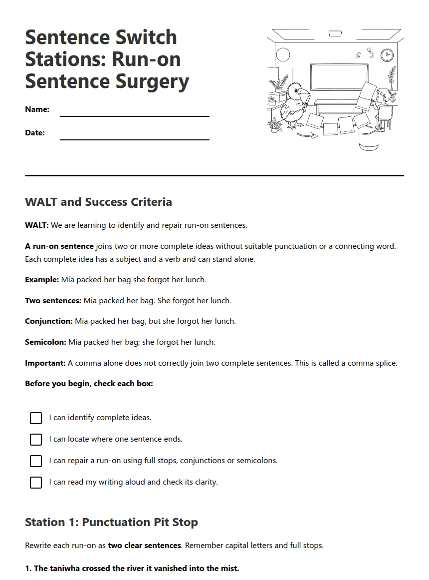 Run-On Sentence Surgery worksheet preview