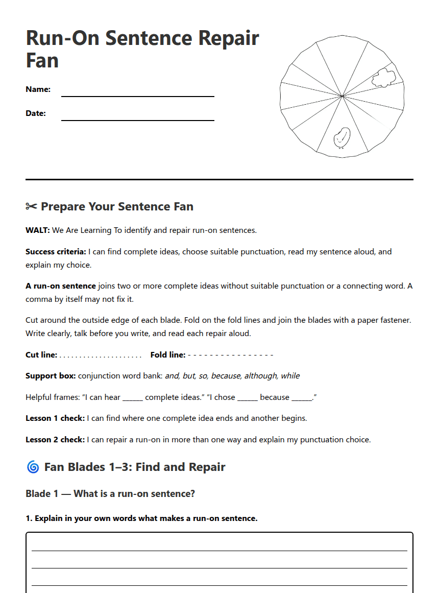 Run-On Sentence Repair Fan worksheet preview