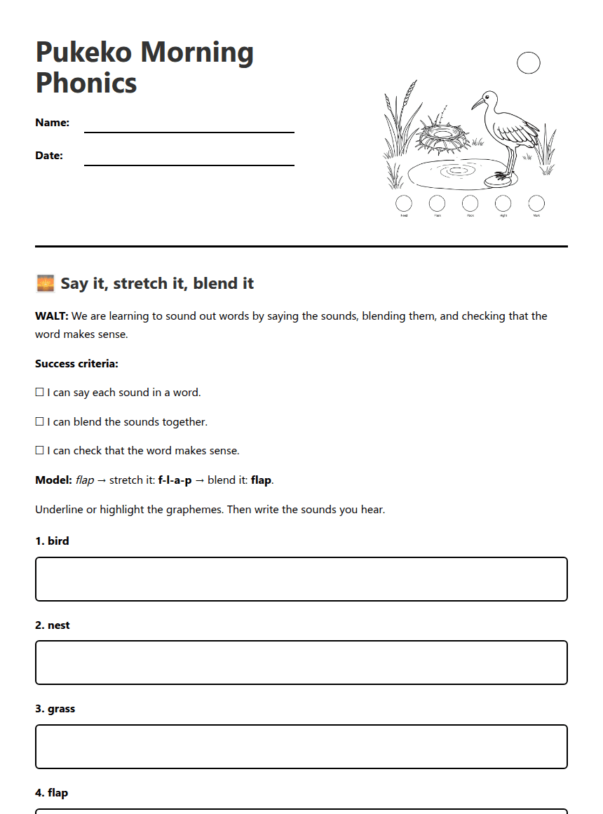 Pukeko Morning Phonics worksheet preview