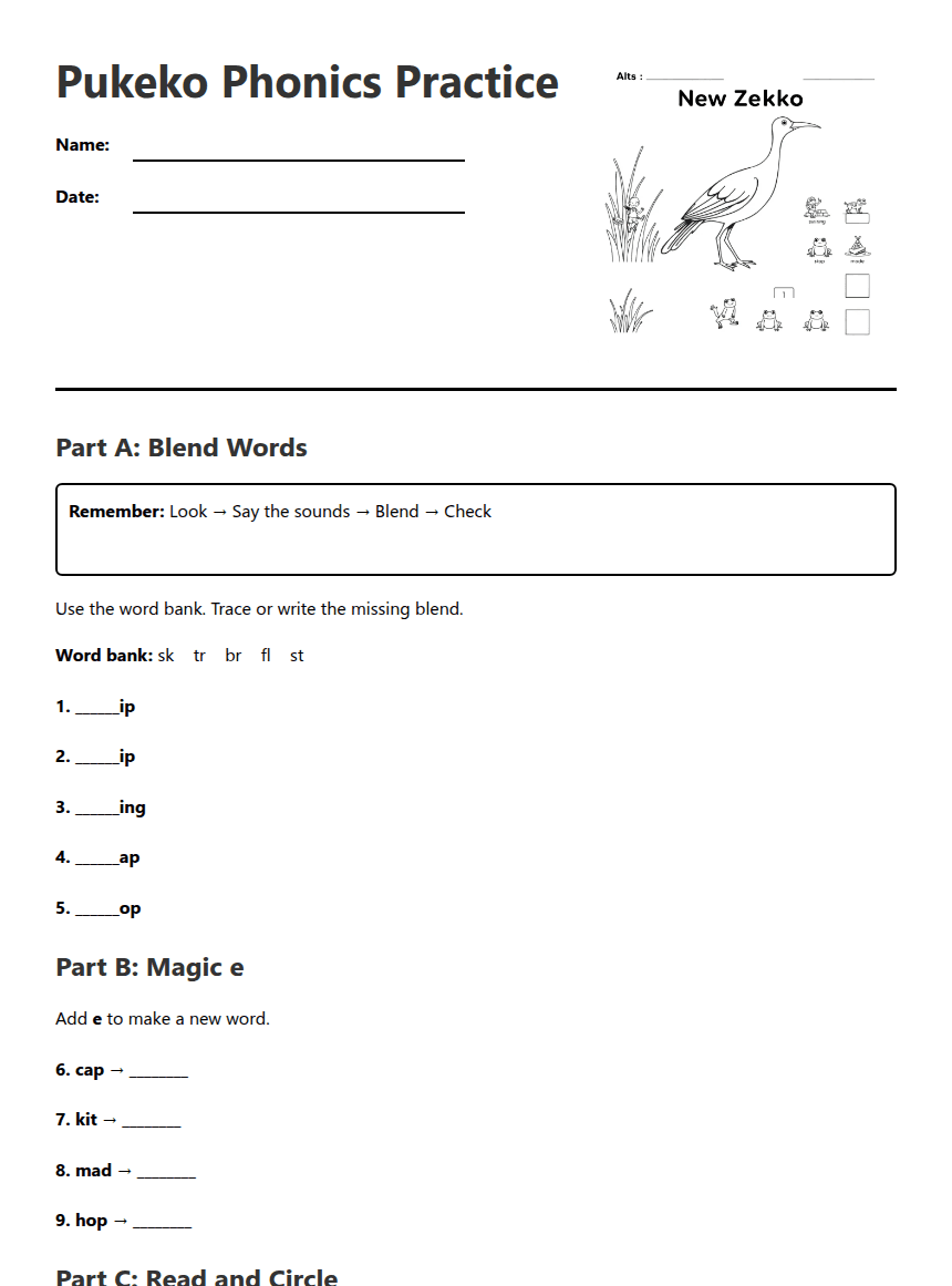 Pukeko Phonics Practice worksheet preview