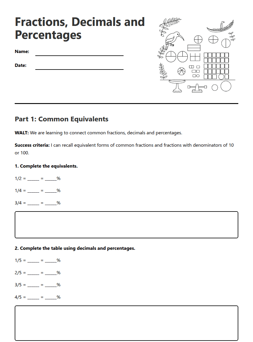 Fractions, Decimals and Percentages worksheet preview