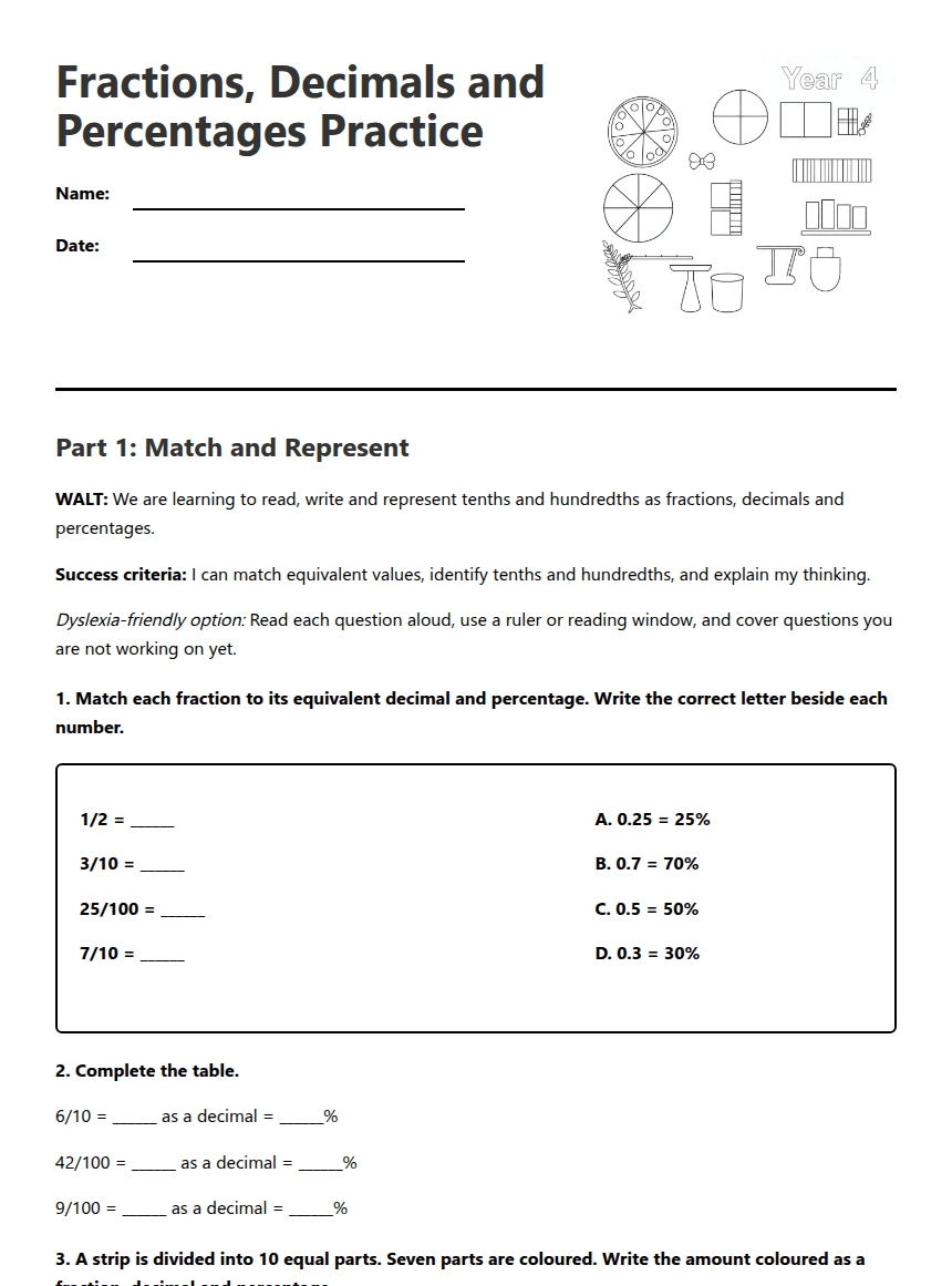 Fractions, Decimals and Percentages Practice worksheet preview