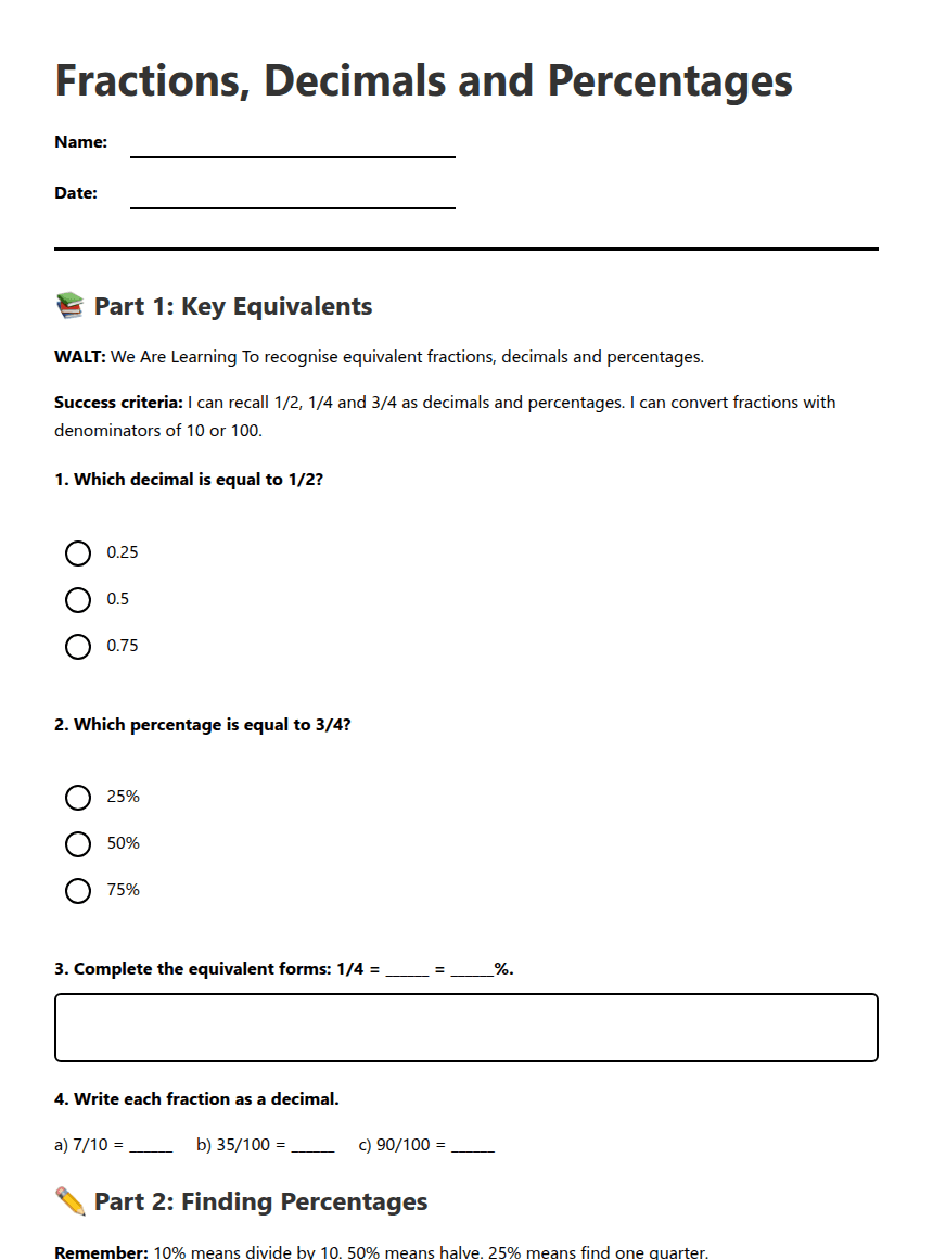 Fractions, Decimals and Percentages worksheet preview