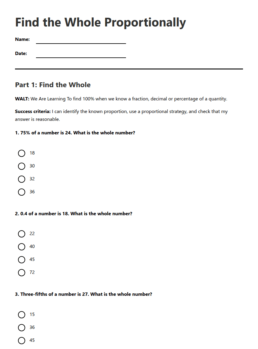 Find the Whole Proportionally worksheet preview