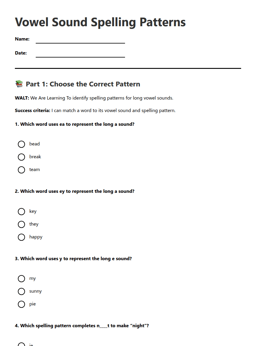 Vowel Sound Spelling Patterns worksheet preview