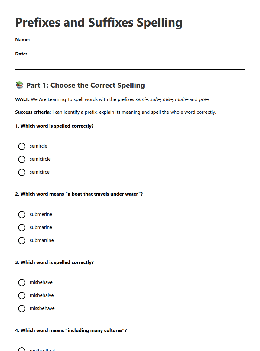 Prefixes and Suffixes Spelling worksheet preview