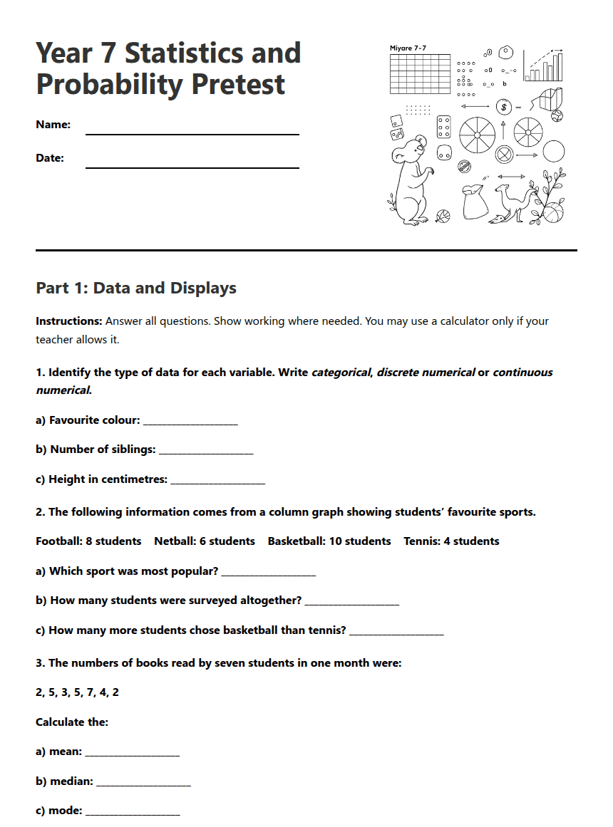 Year 7 Statistics and Probability Pretest worksheet preview