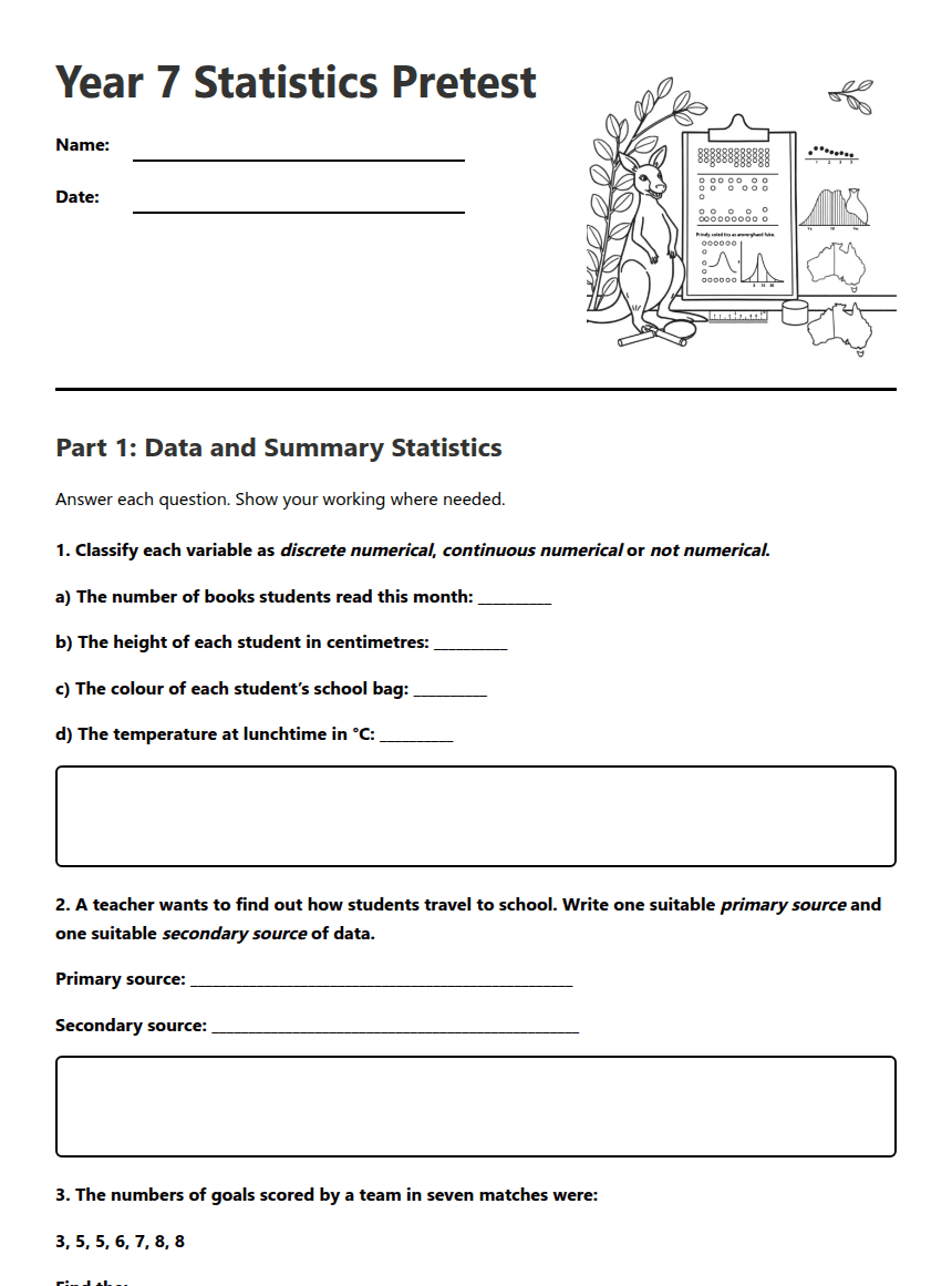 Year 7 Statistics Pretest worksheet preview