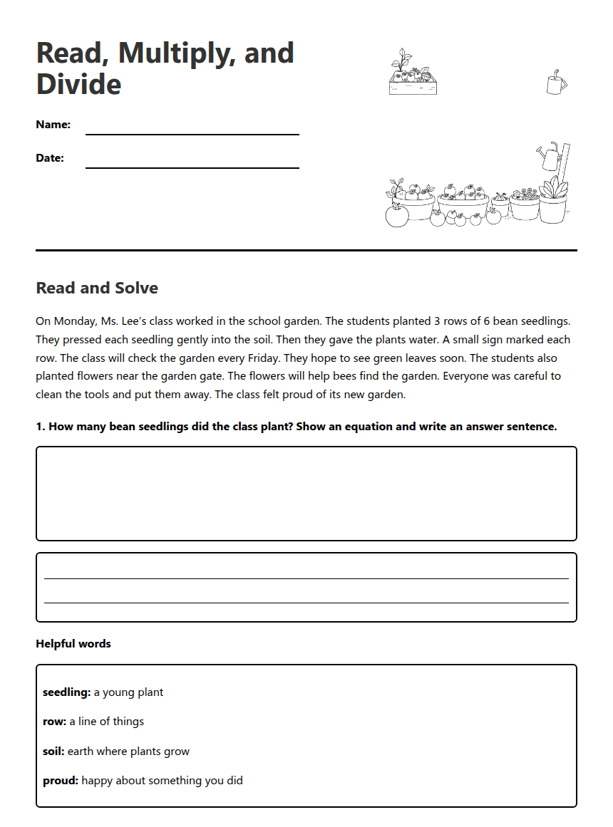 Read, Multiply, and Divide worksheet preview