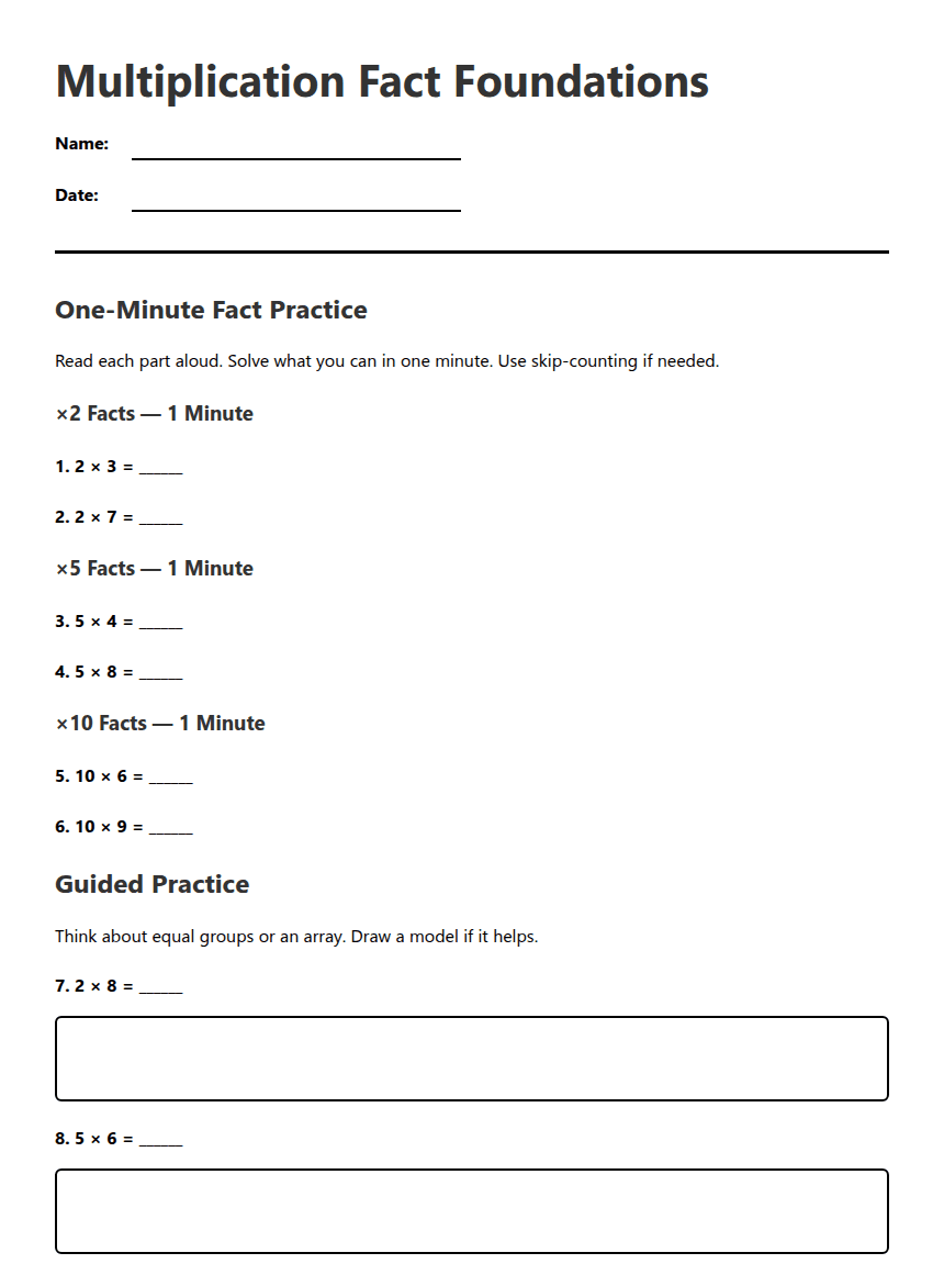 Multiplication Fact Foundations worksheet preview