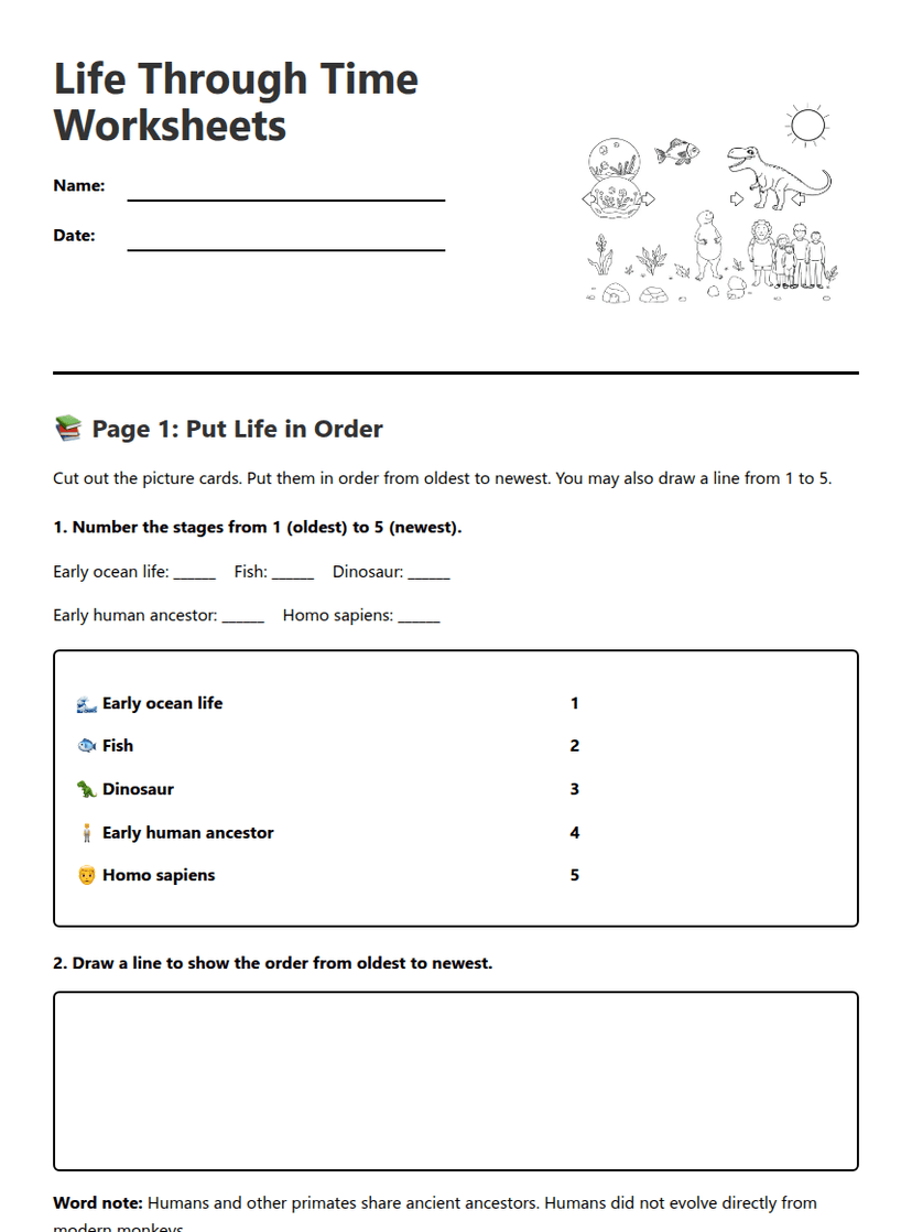 Life Through Time Worksheets