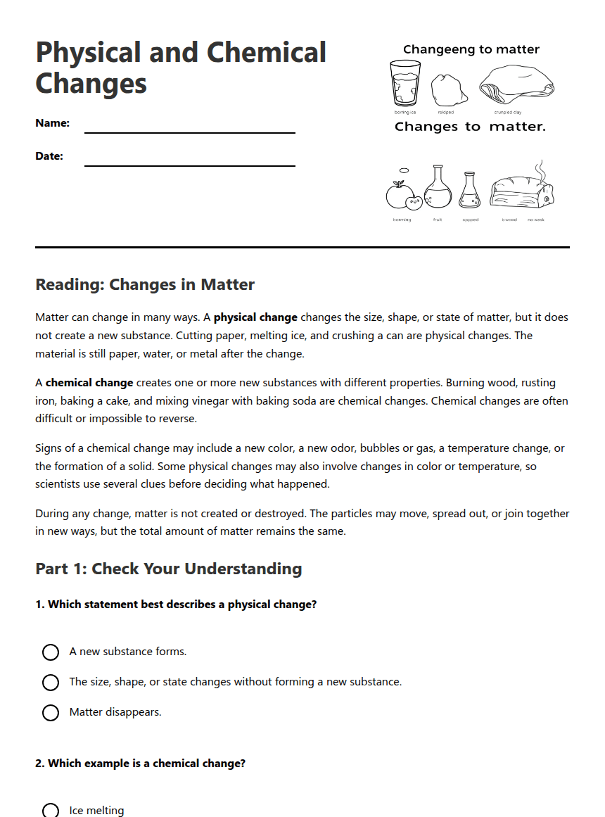 Physical and Chemical Changes worksheet preview