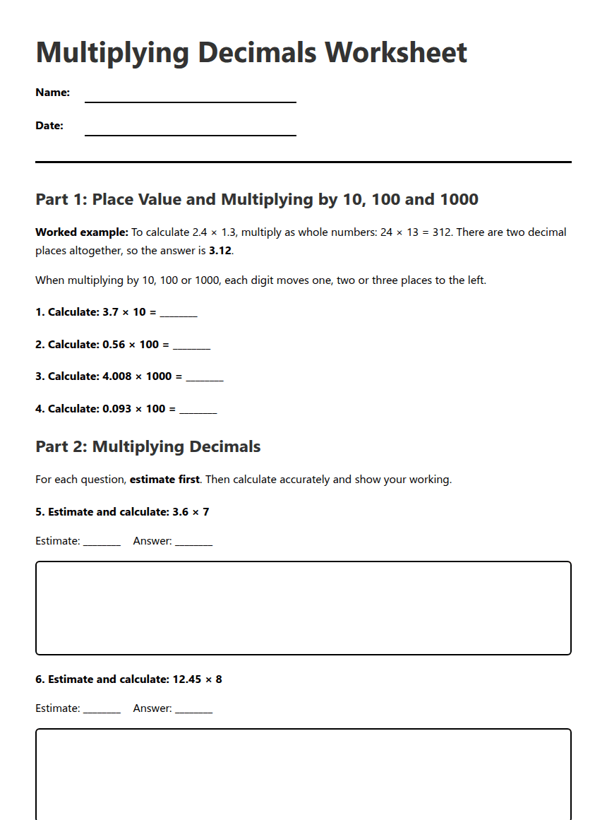 Multiplying Decimals Worksheet worksheet preview