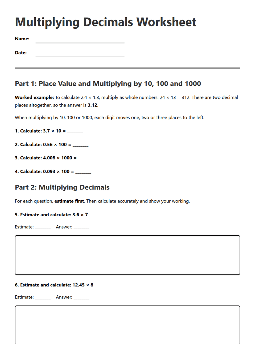 Multiplying Decimals Worksheet