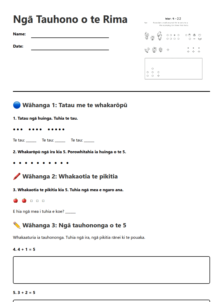 Ngā Tauhono o te Rima worksheet preview