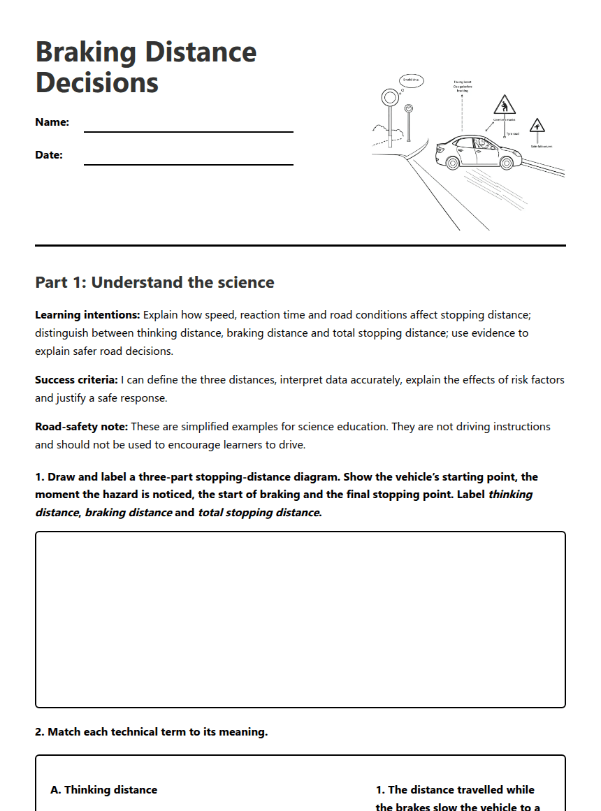 Braking Distance Decisions worksheet preview