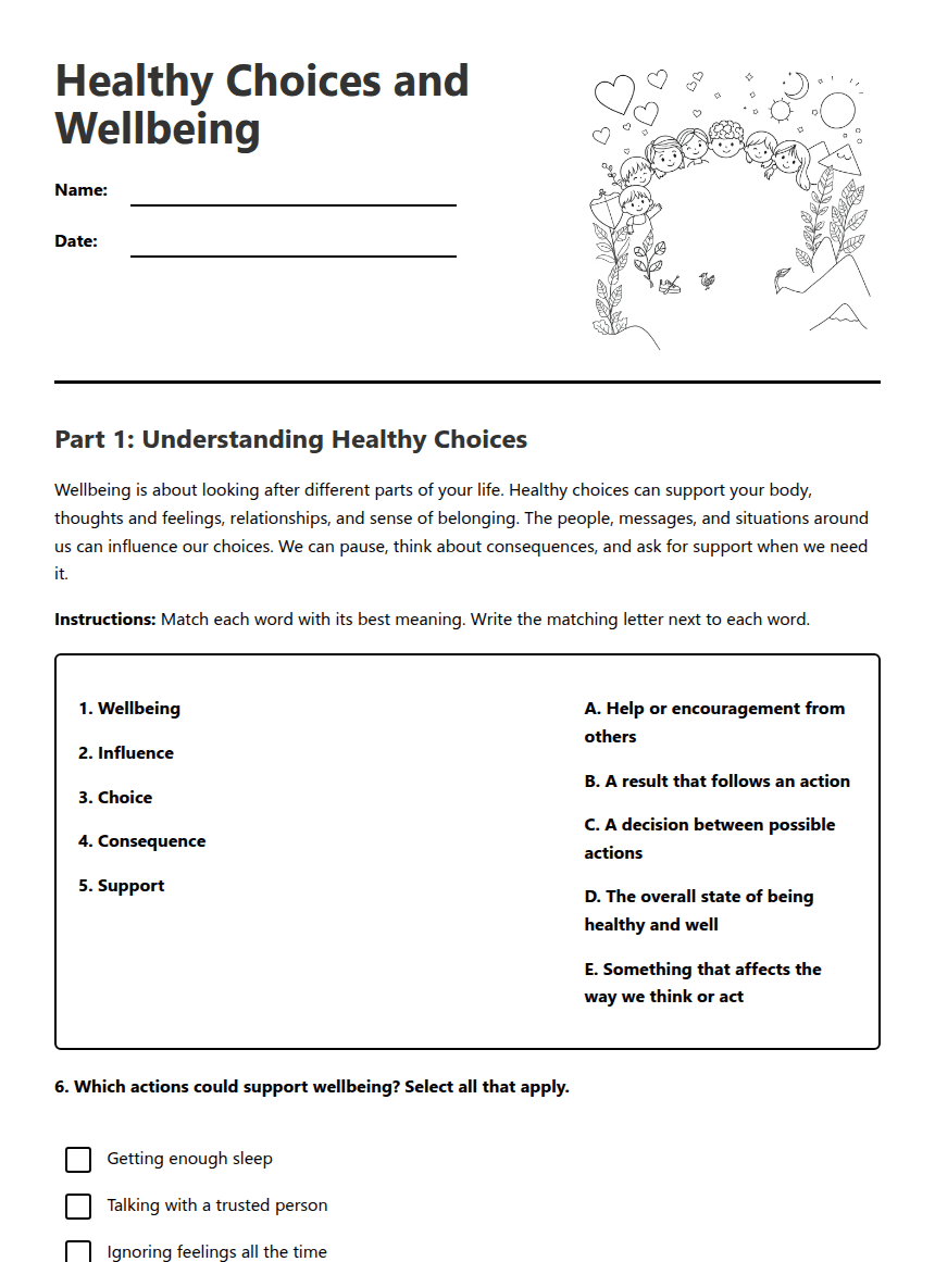 Healthy Choices and Wellbeing worksheet preview