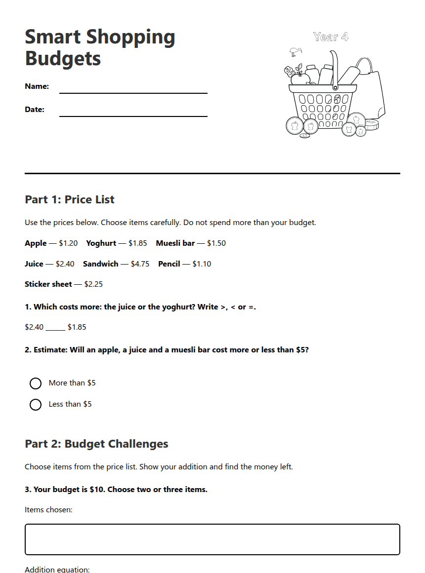Smart Shopping Budgets worksheet preview