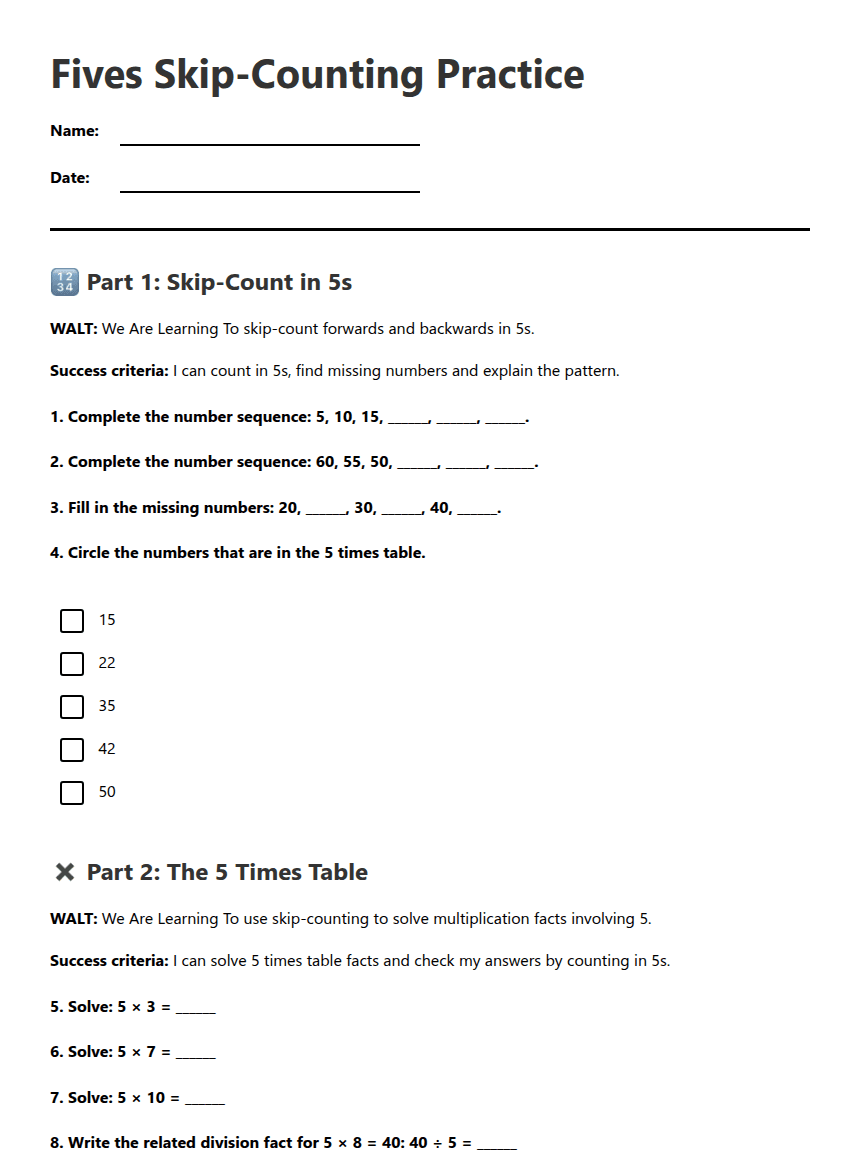 Fives Skip-Counting Practice worksheet preview