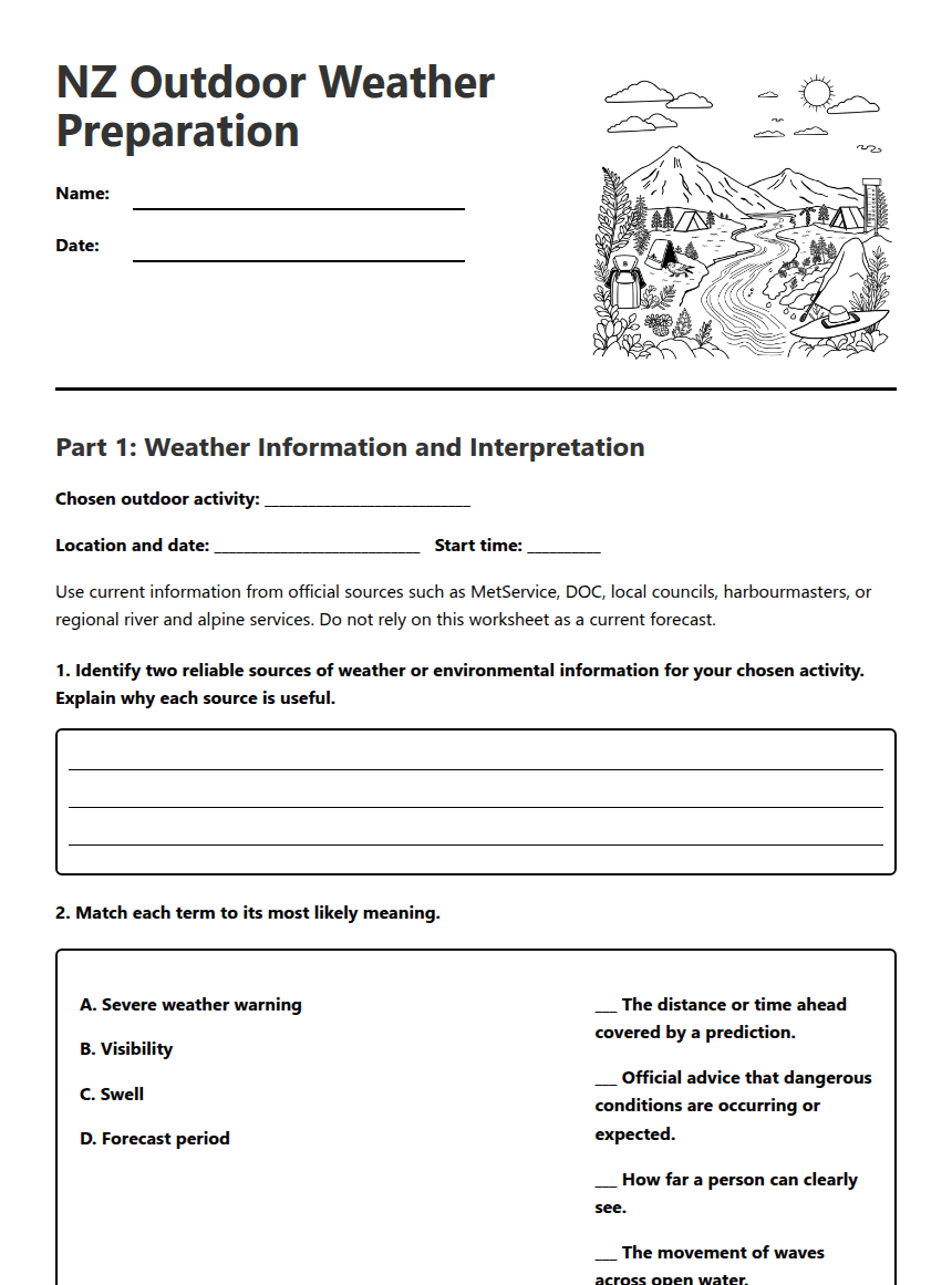 NZ Outdoor Weather Preparation worksheet preview