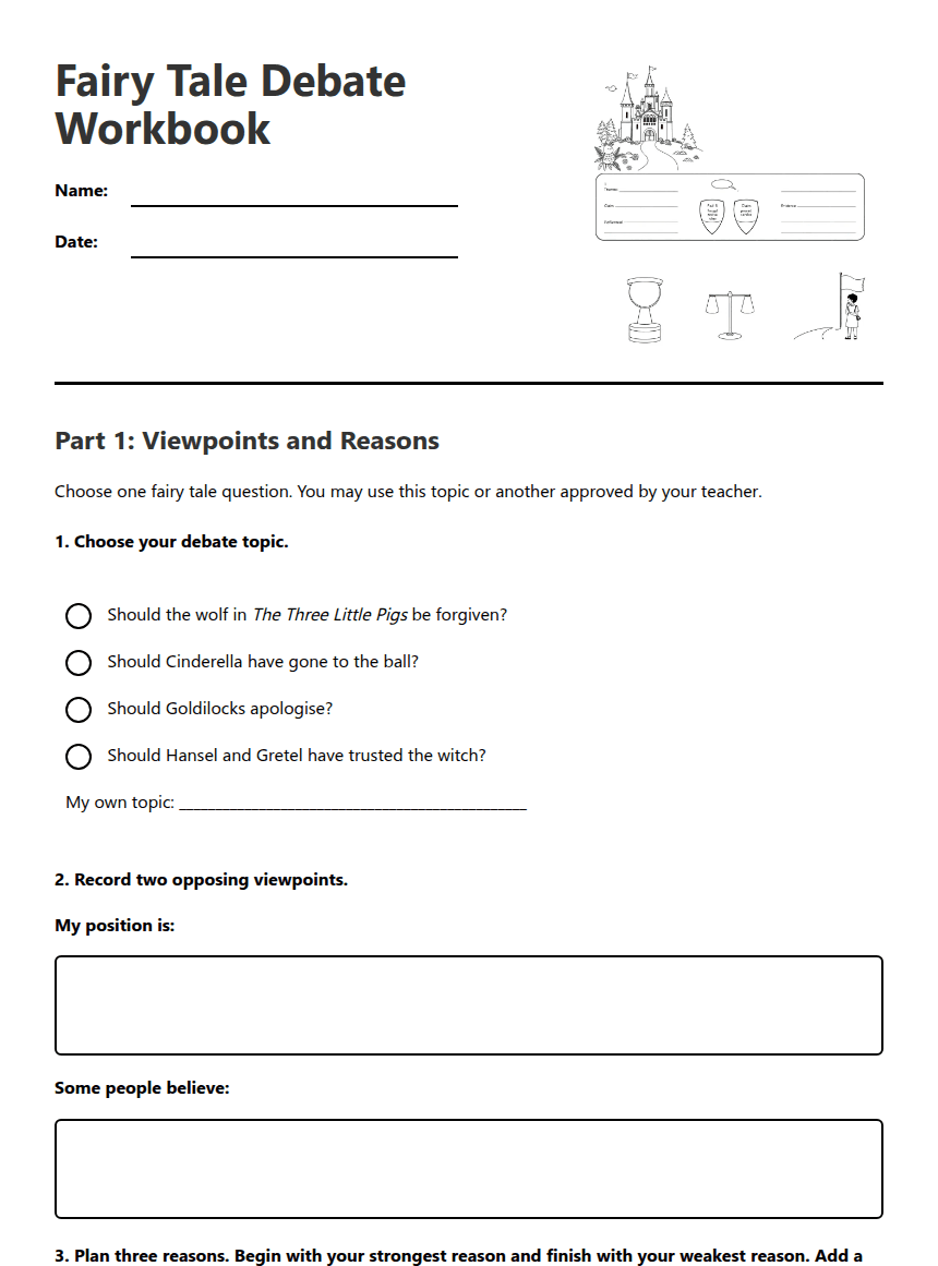 Fairy Tale Debate Workbook worksheet preview