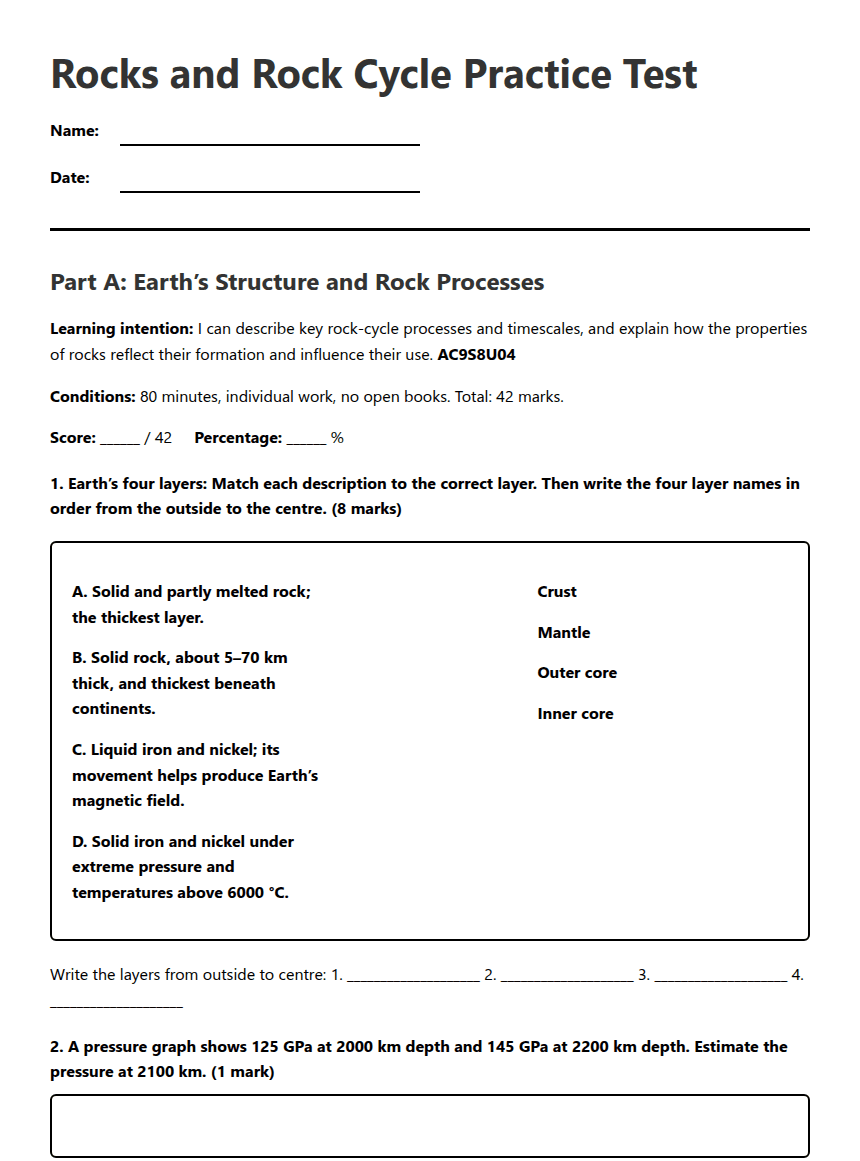 Rocks and Rock Cycle Practice Test worksheet preview