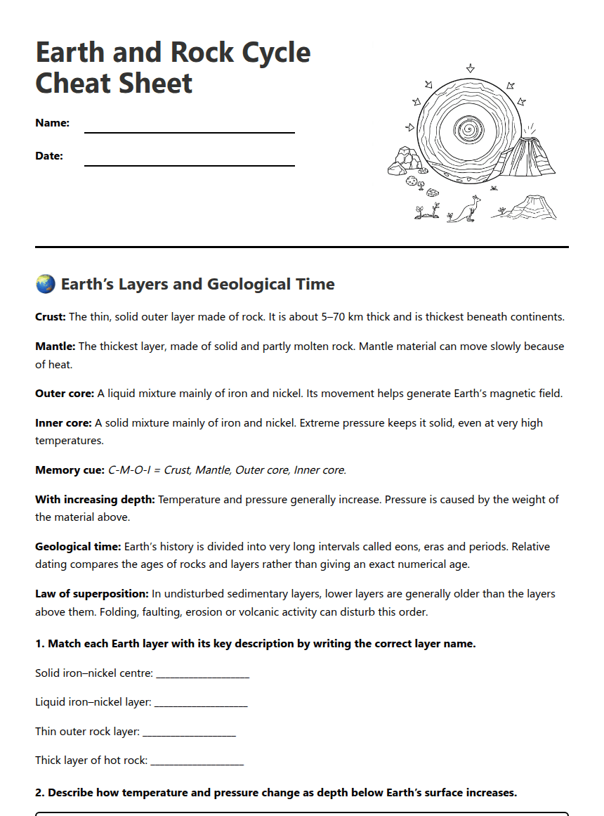Earth and Rock Cycle Cheat Sheet worksheet preview