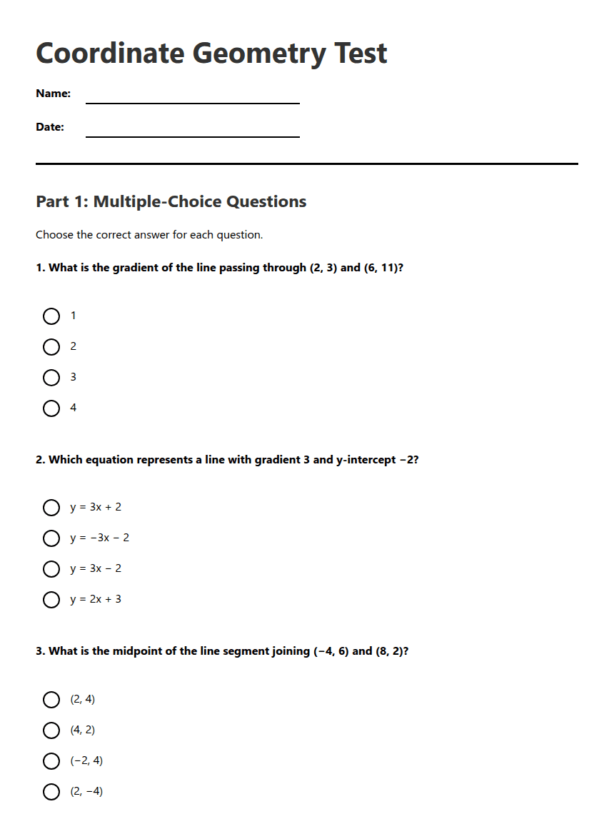 Coordinate Geometry Test worksheet preview