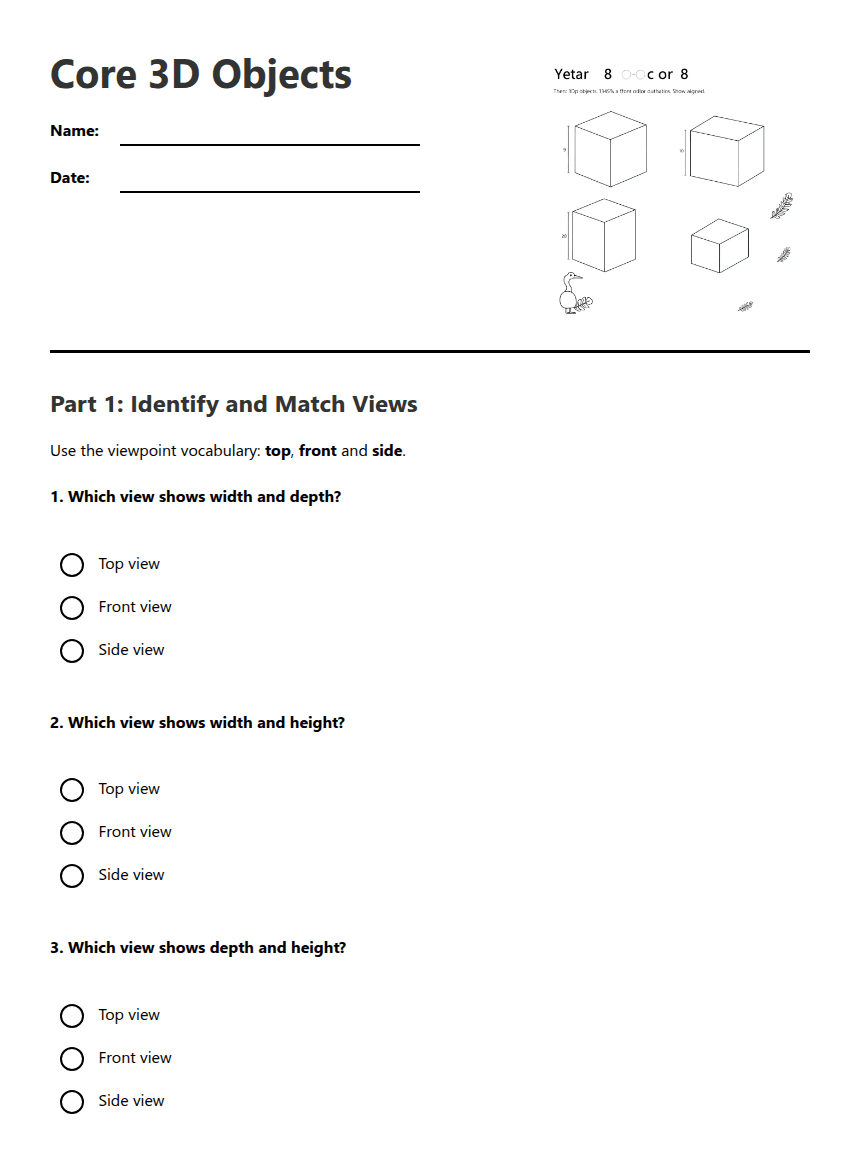 Core 3D Objects worksheet preview