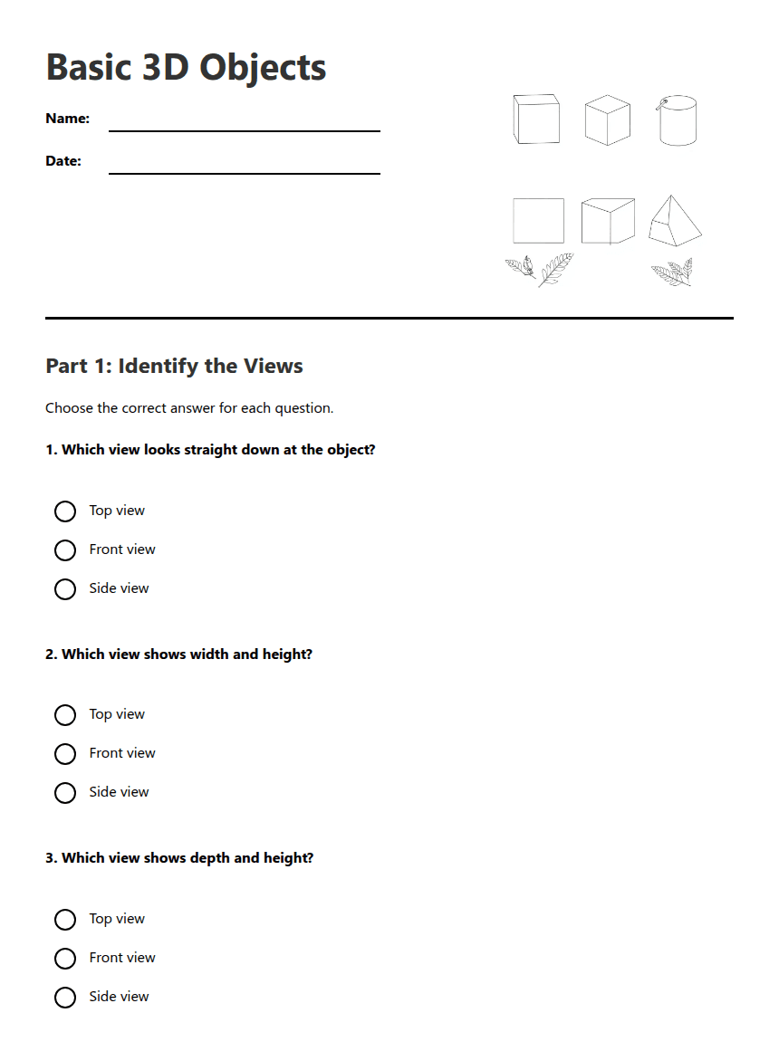 Basic 3D Objects worksheet preview
