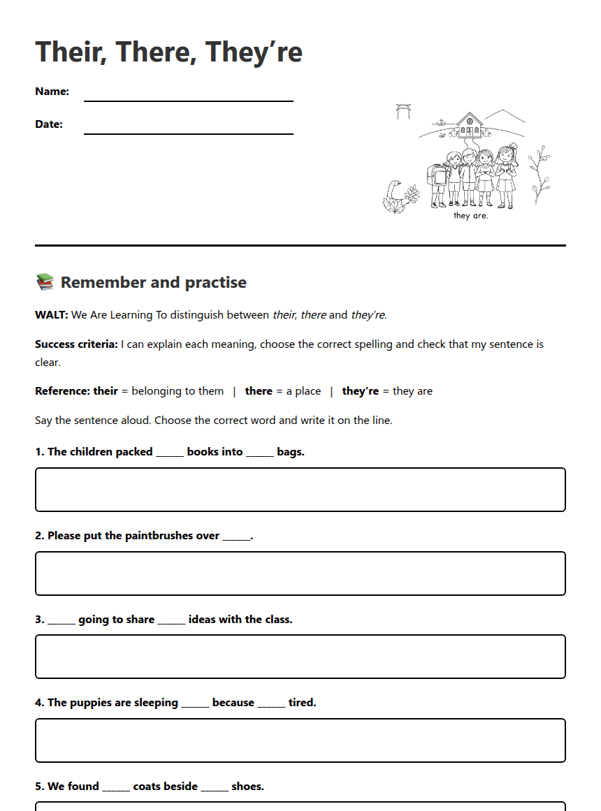 Their, There, They’re Practice worksheet preview